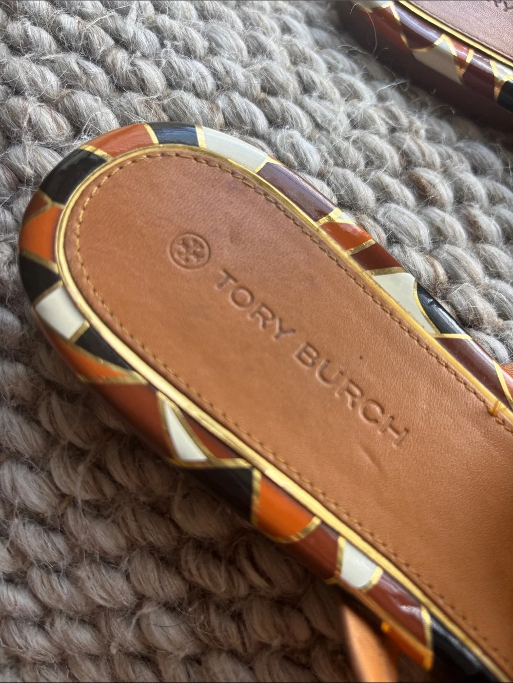 Tory Burch Tan Leather Logo Thong Sandals with Multicolor Trim